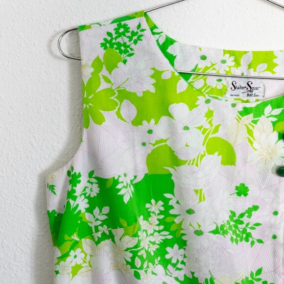 Vintage green floral dress, sleeveless - Picture 6 of 7